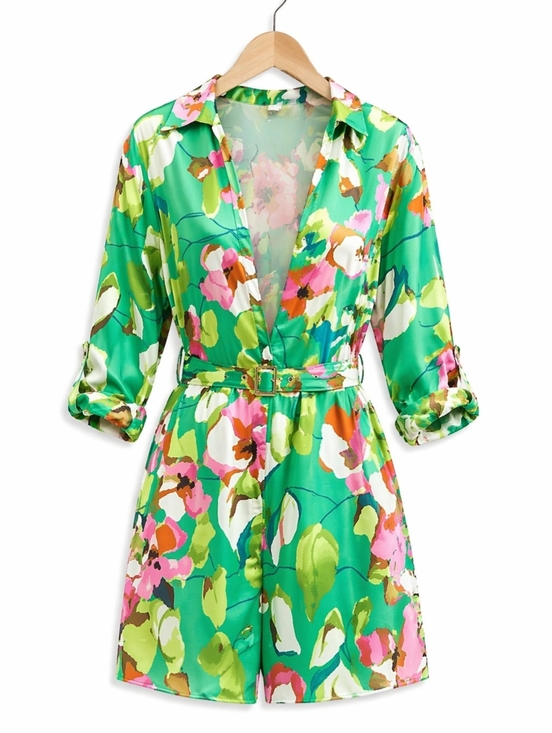 Zara Dresses & Skirts - Zara Green Floral Belted Romper with Pink & White Accents